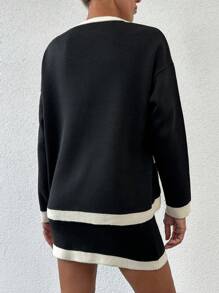 EURMUSE Contrast Trim Drop Shoulder Cardigan & Knit Skirt - Black - View 2