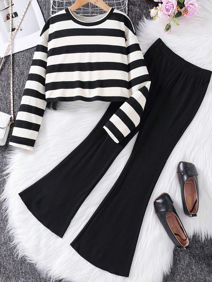 Sparklyn 女大童條紋印花T恤&喇叭褲