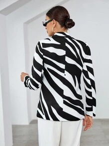 SHEIN Privé Allover Print Knot Front Blazer - Black and White - View 2