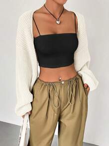 Flirla 素色開門襟落肩袖短款開衫 - 米色 - 查看 7