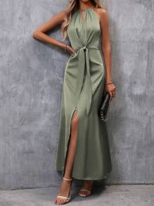 SHEIN Clasi Vestido largo de satén con escote de halter, abertura en el bajo y cinturón para mujer
