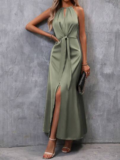 SHEIN Clasi Solid Split Hem Belted Halter Dress Maxi Satin Women Outfit