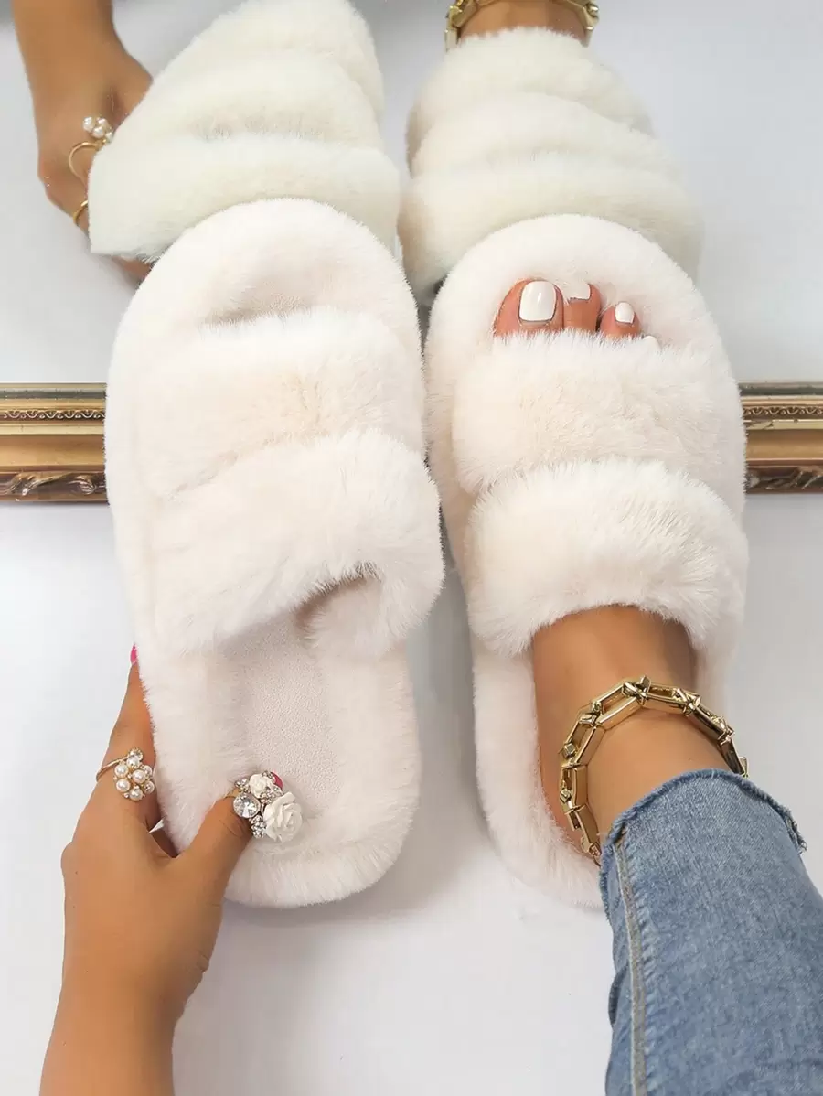 秋冬女士时尚舒适柔软家居拖鞋，毛绒拖鞋，女士毛茸茸露趾厚底拖鞋，舒适纯色防滑鞋，柔软防滑室内拖鞋 - 米色 - 查看 1