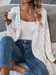 SHEIN LUNE 针织落肩长袖开衫，女士春秋休闲常规袖宽松白色纯色女士开衫，休闲日常装，长袖上衣 - 白色 - 查看 6