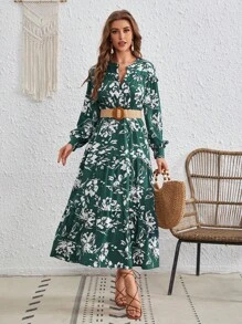 SHEIN VCAY Vestido con estampado floral de cuello notch bajo con fruncido sin cinturón - Verde - Ver 3