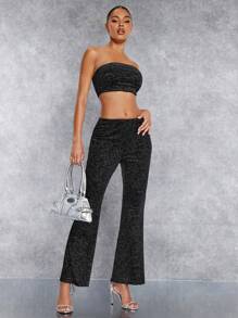 SHEIN BAE 金屬亮絲短款抹胸上衣&喇叭褲 - 黑色 - 查看 4