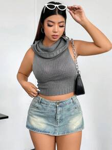Flirla Plus Turtleneck Crop Hooded Sweater Vest - Grey - View 7