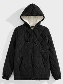 GENTILAND Men Thermal Lined Drawstring Hooded Quilted Padded Coat, For Fall Winter - Black - View 7