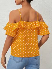 SHEIN Privé Blusa de lunares de hombros descubiertos ribete con fruncido - Amarillo - Ver 2