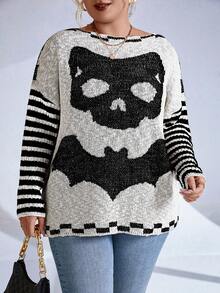 SHEIN Unity Plus Striped & Skull Pattern Drop Shoulder Sweater - Multicolor - View 4