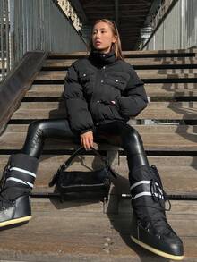 DAZY 翻蓋口袋放肩羽絨厚外套 - 黑色 - 查看 5