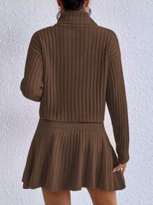 SHEIN Privé Áo cao cổ Thả vai Sweater & Knit Skirt - Màu nâu Sô-cô-la - Xem 2