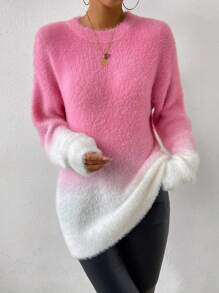 SHEIN LUNE Ombre Drop Shoulder Fluffy Knit Sweater,Long Sleeve Tops Knit Pullover Fall Winter Sweater - Multicolor - View 4