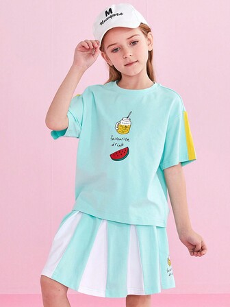 Chica adolescente Camiseta de hombros caídos con estampado de dibujos animados y letra con costura lateral en contraste & Falda