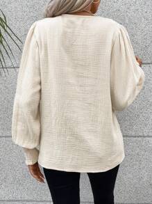 SHEIN LUNE Solid V Neck Lantern Sleeve Blouse - Apricot - View 2