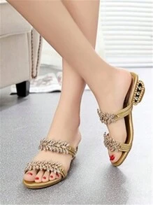 2025年夏季新款时尚女士水晶装饰方形高跟露趾凉鞋 - 金色 - 查看 2