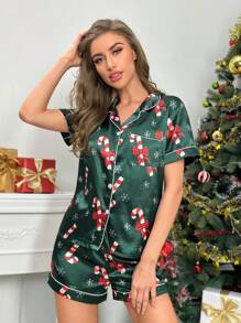 Christmas Print Contrast Piping Satin PJ Set / Pajama Set - Dark Green - View 6