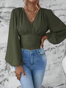 EMERY ROSE 女式纯色重叠V领灯笼袖褶皱时尚衬衫