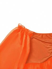 Calvaya 大碼一字肩胸部褶皺褶邊喇叭袖網紗上衣 - 橘色 - 查看 3