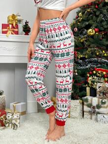 Christmas Print Contrast Trim Sleep Pants - Multicolor - View 6