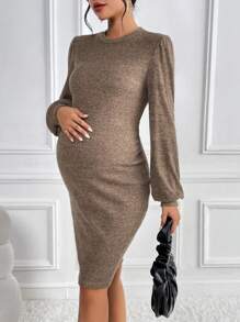 SHEIN 孕婦燈籠袖緊身洋裝 - 摩卡棕 - 查看 1