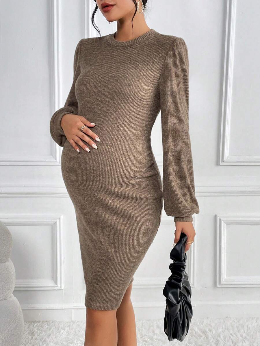 SHEIN 孕婦燈籠袖緊身洋裝 - 摩卡棕 - 查看 1