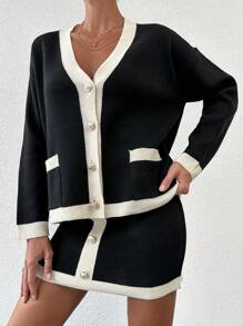 EURMUSE Contrast Trim Drop Shoulder Cardigan & Knit Skirt - Black - View 5