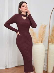 Modelyn Burgundy Red Choker Neck Cable Knit Bodycon Sweater Dress - Burgundy - View 1