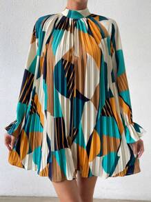 Breezaya Geo Print Flare Sleeve Pleated Detail Mock Neck Dress Vacation Beach Outfits Women Fall Cloth For Women - Multicolor - View 3