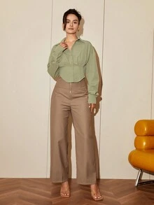 女士纯色长袖收腰优雅衬衫，休闲开衫，春秋季女装，商务休闲，开斋节服装 - 薄荷綠 - 查看 5