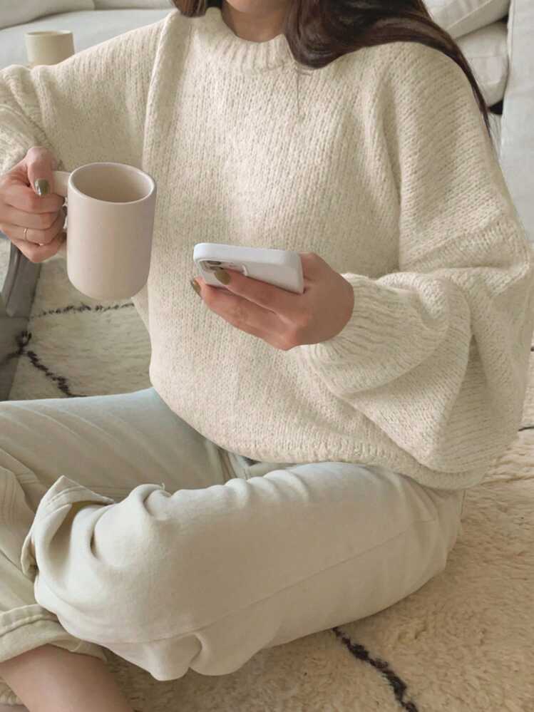 DAZY Solid Drop Shoulder Oversized Sweater,Long Sleeve Tops Fall