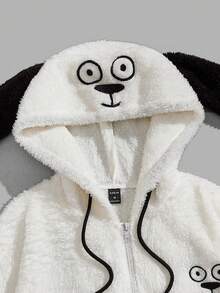 Manfinity RebelGame 宽松版型男士卡通刺绣 3D 耳朵设计抽绳连帽泰迪夹克 - 米色 - 查看 7