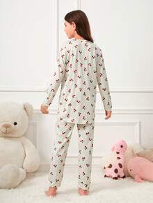 Tween Girl Cherry Print Tee & Pants PJ Set - Grey - View 2