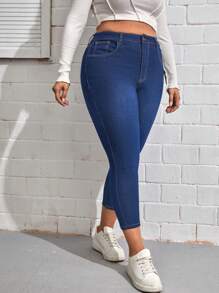 SHEIN Talla grande Jeans ajustados crop - Azul lavado oscuro - Ver 4