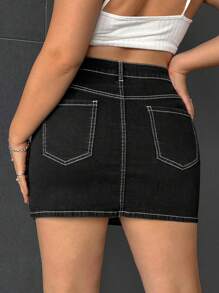 SHEIN EZwear Plus High Waist Top-stitching Denim Skirt - Black - View 2