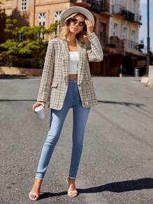 SHEIN Frenchy 格紋圖案青果領西裝外套 - 杏色 - 查看 4