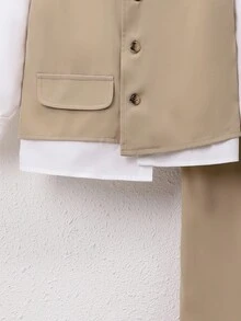 SHEIN Cậu bé Tween Chất rắn Áo khoác vest & Quần & Áo sơ mi - Màu Khaki - Xem 4