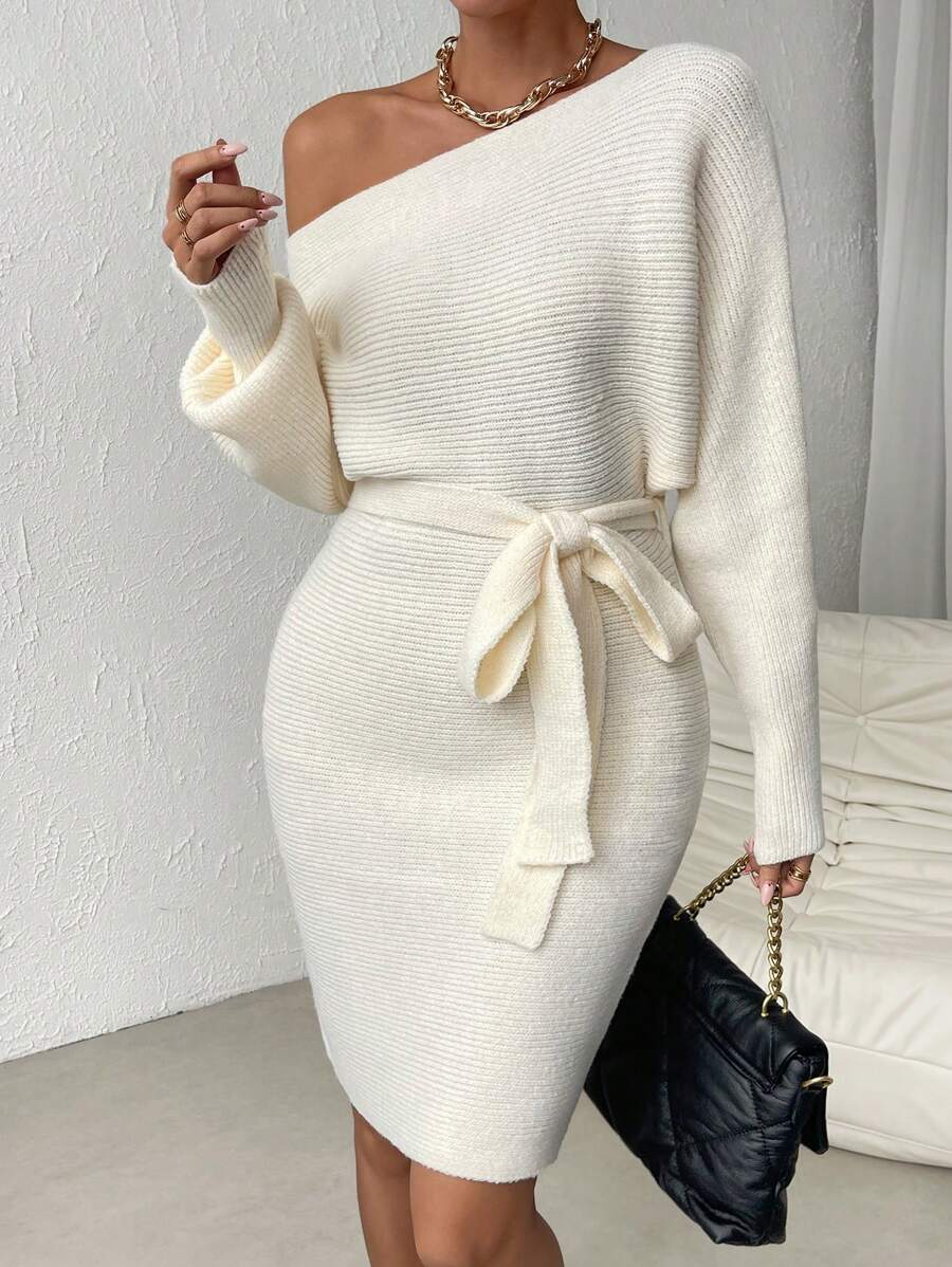 Chiquease Asymmetrical Neck Batwing Sleeve Belted Sweater Dress - Beige - View 1