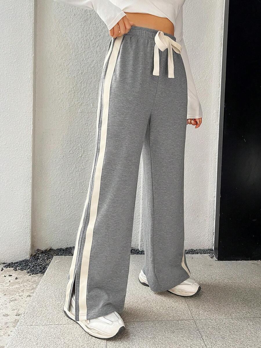 SHEIN EZwear Contrast Side Seam Tie Waist Sweatpants - Light Grey - View 1