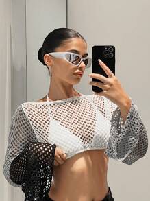 SHEIN ICON 鏤空短款毛衣不附胸罩 - 灰色 - 查看 1