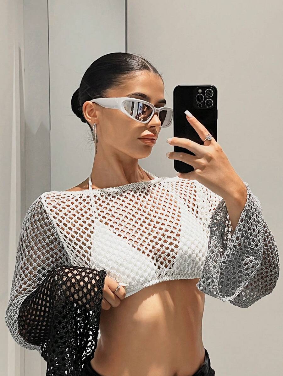 SHEIN ICON 鏤空短款毛衣不附胸罩 - 灰色 - 查看 1