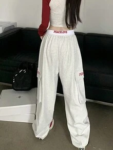 Women's Casual Letter Embroidery Drawstring Pocket Loose Minimalist Straight Leg Pants - Light Grey - View 2