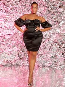 SHEIN SXY Plus Off Shoulder Rhinestone Detail Bodycon Dress