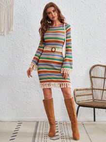 SHEIN VCAY Striped Print Fringe Trim Dress Without Belt
