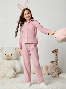 女大童拼接滾邊襯衫和褲子睡衣套裝 - 藕粉色 - 查看 4