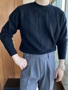 男士素色圓領套頭毛衣 - 黑色 - 查看 3