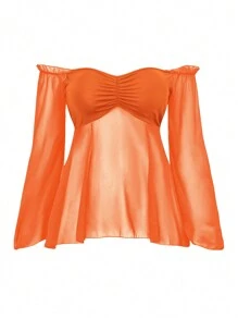 Calvaya 大碼一字肩胸部褶皺褶邊喇叭袖網紗上衣 - 橘色 - 查看 1