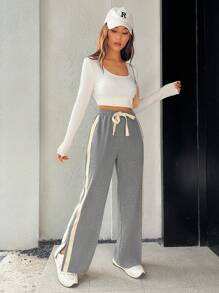 SHEIN EZwear Contrast Side Seam Tie Waist Sweatpants - Light Grey - View 4