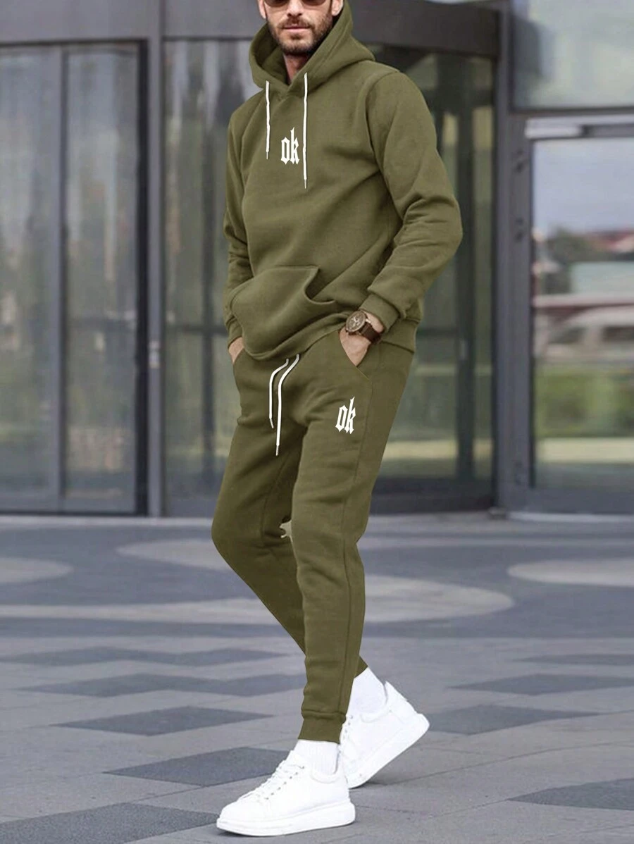 Manfinity Homme Nam Đồ họa Chữ cái Dây rút Áo Hoodie & Quần thể thao - xanh quân đội - Xem 1