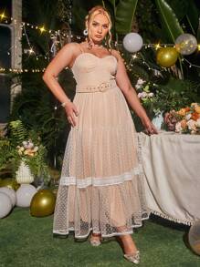 Glamaker 大碼蕾絲拼接荷葉邊網紗吊帶洋裝 - 淺粉色 - 查看 1